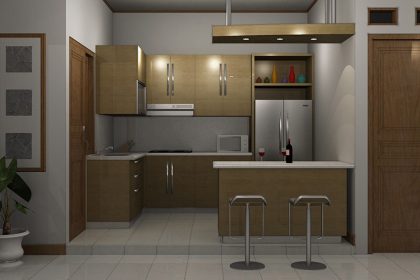 Dapur-Minimalis-Modern-Berbentuk-L-dengan-kitchen-set-beraksen-coklat-dan-lampu-menggantung